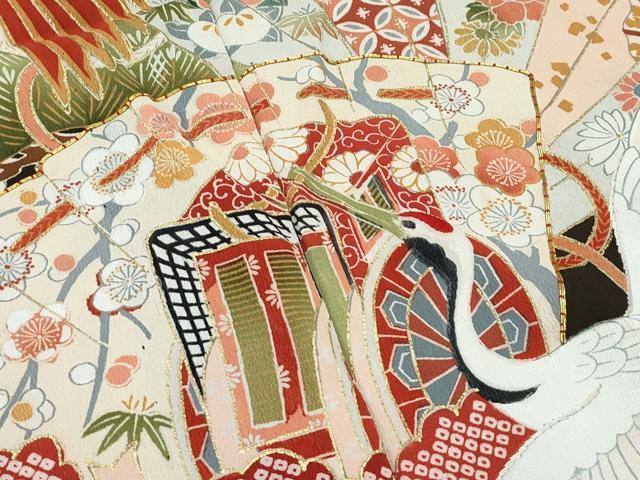 平和屋着物▽極上 アンティーク 単衣 大正ロマン 振袖 駒刺繍 松竹梅檜扇