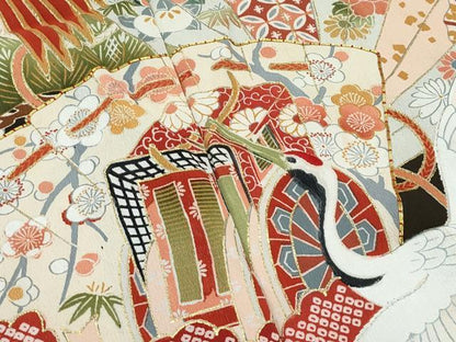 平和屋着物▽極上 アンティーク 単衣 大正ロマン 振袖 駒刺繍 松竹梅檜扇飛鶴花文 黒地 金彩 逸品 CZAA5006s6