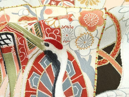 平和屋着物▽極上 アンティーク 単衣 大正ロマン 振袖 駒刺繍 松竹梅檜扇飛鶴花文 黒地 金彩 逸品 CZAA5006s6