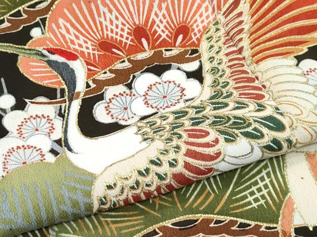 平和屋着物▽極上 アンティーク 単衣 大正ロマン 振袖 駒刺繍 松竹梅檜扇