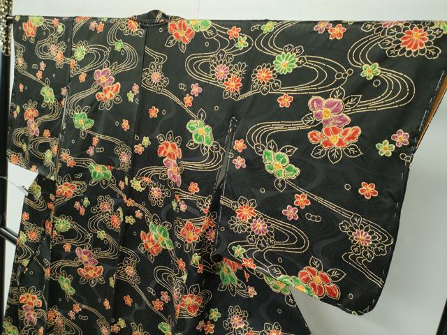 平和屋着物∵極上　女の子　十三参り　子供　祝着　絞り　流水花文　黒地　逸品　未使用　CZAA5010s6