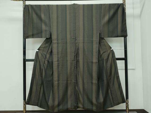 平和屋本店●極上　男性　お召　キングサイズ　織小紋　変畦　麻の葉間道　黒地　光染織物謹製　反端付き　逸品　CZAA5013s6