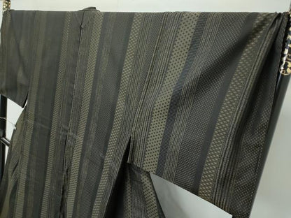 平和屋本店●極上　男性　お召　キングサイズ　織小紋　変畦　麻の葉間道　黒地　光染織物謹製　反端付き　逸品　CZAA5013s6