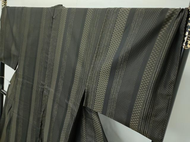 平和屋本店●極上　男性　お召　キングサイズ　織小紋　変畦　麻の葉間道　黒地　光染織物謹製　反端付き　逸品　CZAA5013s6
