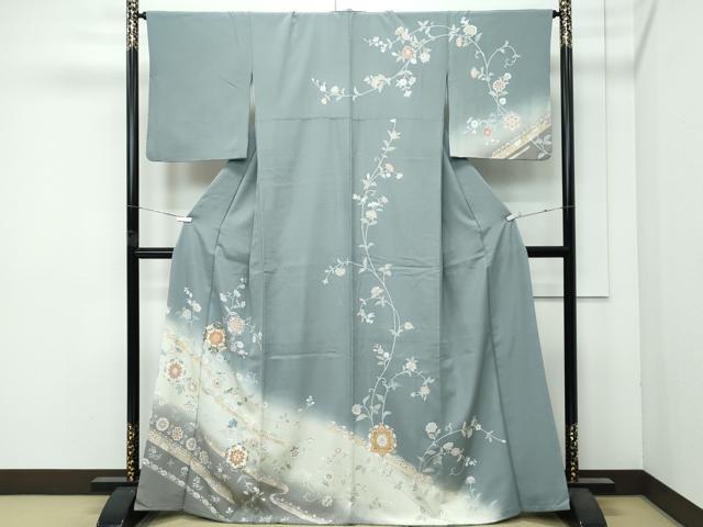 平和屋着物●極上　訪問着　駒刺繍　正倉院花文　暈し染め　金彩　山鳩色地　逸品　CZAA5014s6