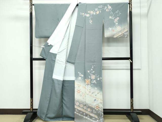 平和屋着物●極上　訪問着　駒刺繍　正倉院花文　暈し染め　金彩　山鳩色地　逸品　CZAA5014s6