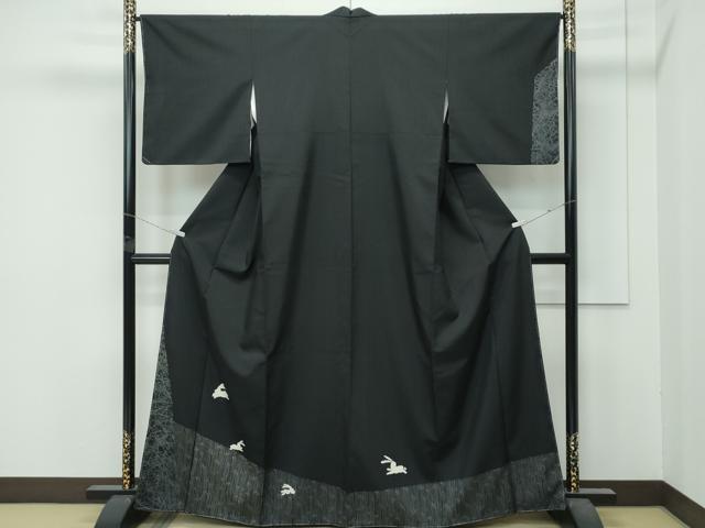 平和屋着物●極上　訪問着　紬地　絞り　跳び兎笹竹文　黒地　逸品　未使用　CZAA5016s6