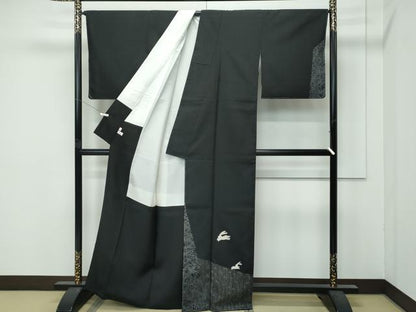平和屋着物●極上　訪問着　紬地　絞り　跳び兎笹竹文　黒地　逸品　未使用　CZAA5016s6