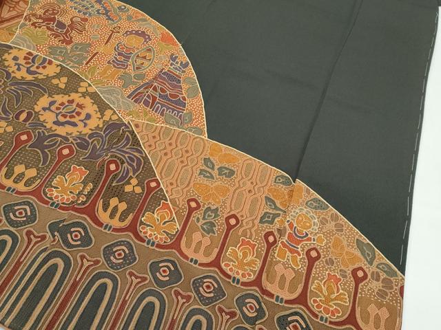 平和屋本店●極上 訪問着 総刺繍 中国三大刺繍 スワトウ相良刺繍 更紗人物花文 金彩 鬼しぼ縮緬 黒緑色地 逸品 未使用 CZAA5018s6
