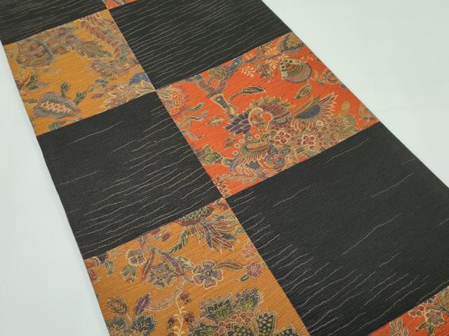 平和屋着物●極上　前田仁仙　仁仙更紗　全通柄袋帯　市松鳳凰更紗花文　黒地　金通し地　逸品　CZAA5112s6