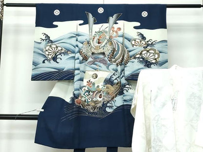 平和屋着物[]極上　男の子　祝着　産着　初着　のしめ　長襦袢セット　お宮詣り　兜　宝船　金彩　逸品　CZAA5028s6