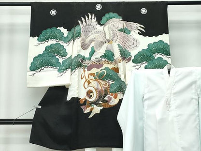 平和屋着物[]極上　男の子　祝着　産着　初着　のしめ　長襦袢セット　お宮詣り　鷹　松　鼓　黒地　金彩　逸品　CZAA5030s6