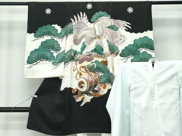 平和屋着物[]極上　男の子　祝着　産着　初着　のしめ　長襦袢セット　お宮詣り　鷹　松　鼓　黒地　金彩　逸品　CZAA5030s6