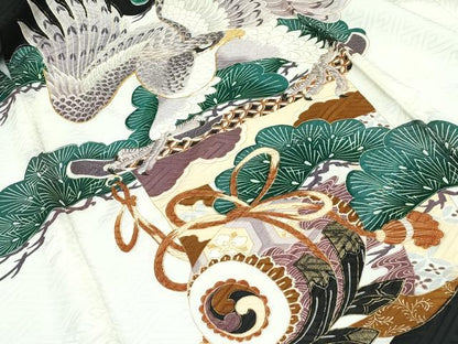 平和屋着物[]極上　男の子　祝着　産着　初着　のしめ　長襦袢セット　お宮詣り　鷹　松　鼓　黒地　金彩　逸品　CZAA5030s6