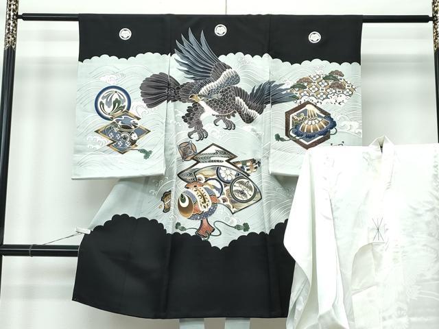 平和屋着物[]極上　男の子　祝着　産着　初着　のしめ　長襦袢セット　お宮詣り　鷹　吉祥文　黒地　金彩　逸品　CZAA5031s6