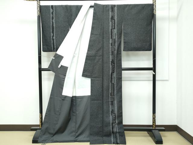 平和屋着物●極上　二代目 川村久太郎　訪問着　紬地　幾何学文様　たたき染め　黒地　逸品　CZAA5059s6