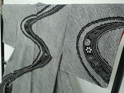 平和屋着物●極上　訪問着　総絞り　流水七宝花文　黒地　逸品　未使用　CZAA5732s6