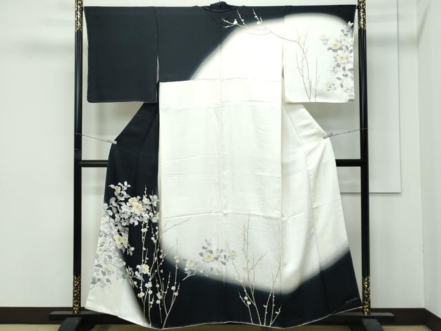 平和屋本店●極上　訪問着　駒刺繍　枝花文　暈し染め　黒地　逸品　未使用　CZAA5065s6