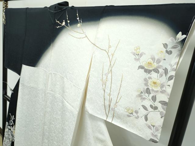 平和屋本店●極上　訪問着　駒刺繍　枝花文　暈し染め　黒地　逸品　未使用　CZAA5065s6