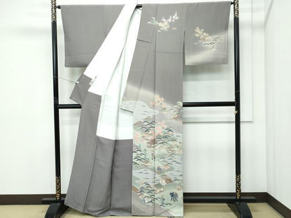 平和屋着物●極上　十日町　加賀草木友禅の第一人者　田村哲彦　訪問着　人物風景文　暈し染め　煤色地　逸品　CZAA5072s6