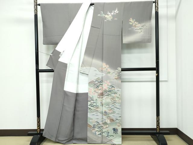 平和屋着物●極上　十日町　加賀草木友禅の第一人者　田村哲彦　訪問着　人物風景文　暈し染め　煤色地　逸品　CZAA5072s6