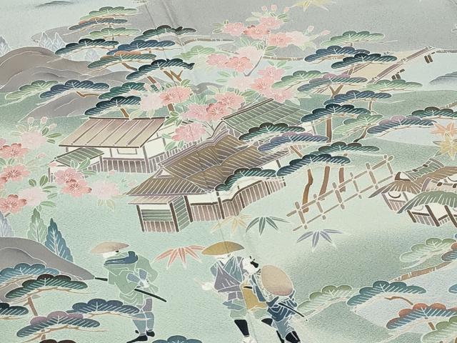 平和屋着物●極上　十日町　加賀草木友禅の第一人者　田村哲彦　訪問着　人物風景文　暈し染め　煤色地　逸品　CZAA5072s6