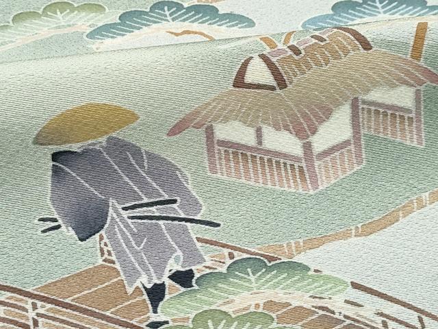 平和屋着物●極上　十日町　加賀草木友禅の第一人者　田村哲彦　訪問着　人物風景文　暈し染め　煤色地　逸品　CZAA5072s6