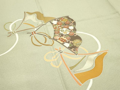 平和屋本店●極上　京の名門　友禅　染の北川　訪問着　駒刺繍　扇面花唐草文　金彩　油色地　反端付き　逸品　未使用　CZAA5080s6