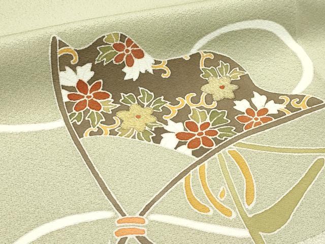 平和屋本店●極上　京の名門　友禅　染の北川　訪問着　駒刺繍　扇面花唐草文　金彩　油色地　反端付き　逸品　未使用　CZAA5080s6