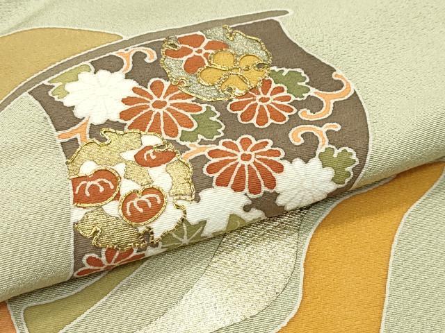 平和屋本店●極上　京の名門　友禅　染の北川　訪問着　駒刺繍　扇面花唐草文　金彩　油色地　反端付き　逸品　未使用　CZAA5080s6