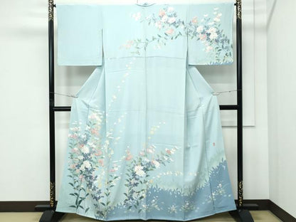 平和屋着物●極上　十日町友禅作家　一梗　訪問着　草花文　錆青磁色地　逸品　CZAA5083s6