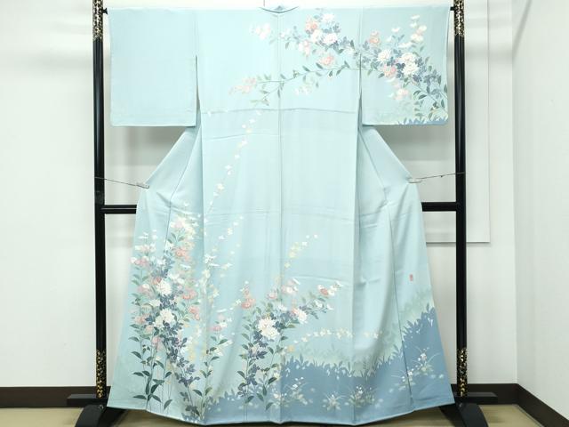 平和屋着物●極上　十日町友禅作家　一梗　訪問着　草花文　錆青磁色地　逸品　CZAA5083s6