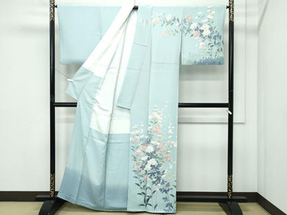 平和屋着物●極上　十日町友禅作家　一梗　訪問着　草花文　錆青磁色地　逸品　CZAA5083s6