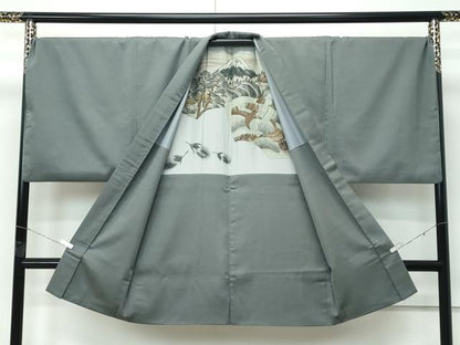 平和屋本店●極上　男性　紬・長羽織・長襦袢セット　着物：灰汁色　羽織：柳煤竹色　キングサイズ　逸品　CZAA5088s6