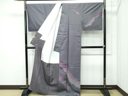 平和屋着物●極上　訪問着　紬地　総刺繍　刺し子　麻の葉文様　さが美扱い　消炭色地　逸品　未使用　CZAA5095s6