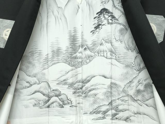 平和屋着物∞極上　男性　黒紋付　長羽織　羽裏：風景文　反端付き　逸品　未使用　CZAA5097s6