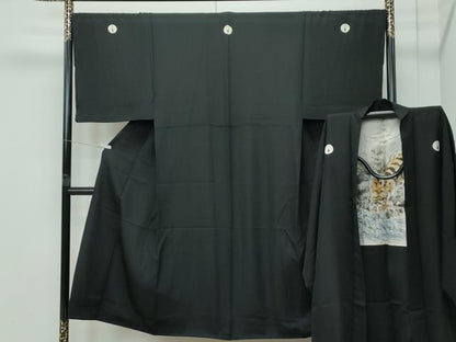 平和屋本店●極上　男性　黒紋付　長羽織セット　羽裏：虎　逸品　CZAA5098s6