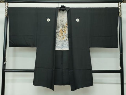 平和屋本店●極上　男性　黒紋付　長羽織セット　羽裏：虎　逸品　CZAA5098s6