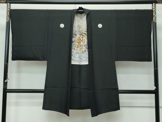 平和屋本店●極上　男性　黒紋付　長羽織セット　羽裏：虎　逸品　CZAA5098s6