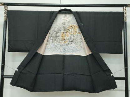 平和屋本店●極上　男性　黒紋付　長羽織セット　羽裏：虎　逸品　CZAA5098s6