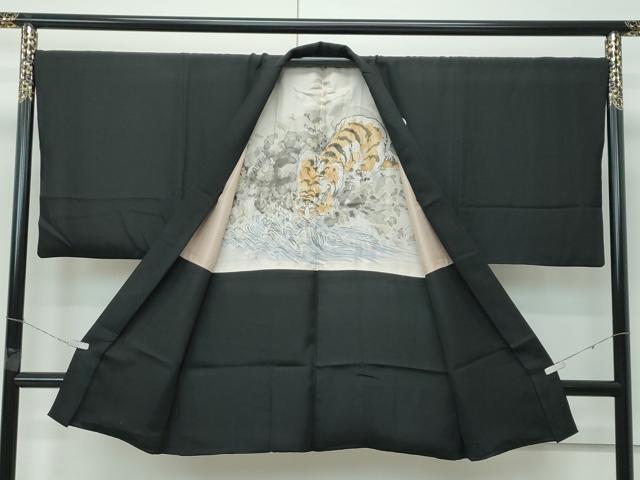平和屋本店●極上　男性　黒紋付　長羽織セット　羽裏：虎　逸品　CZAA5098s6