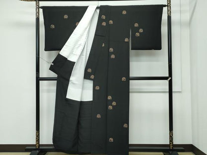 平和屋着物●極上　印傳　小紋　花兎　黒地　逸品　CZAA5101s6
