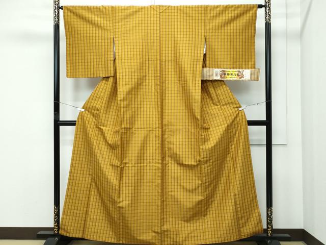 平和屋着物●極上　本場黄八丈　平織　紬　格子柄　山田利子作　証紙付き　逸品　CZAA5102s6
