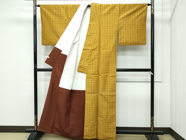 平和屋着物●極上　本場黄八丈　平織　紬　格子柄　山田利子作　証紙付き　逸品　CZAA5102s6