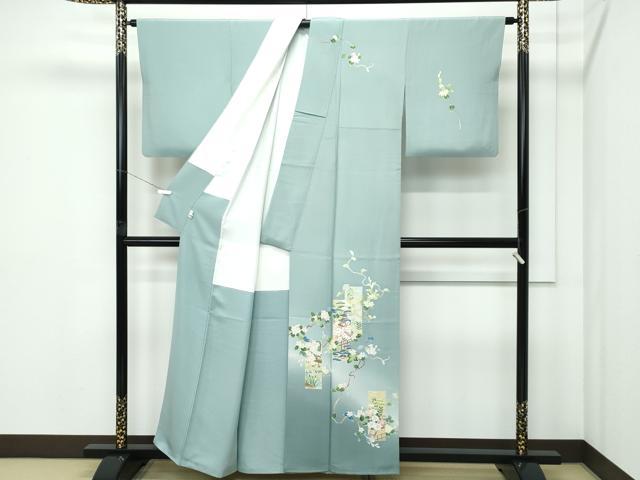 平和屋着物●極上　本加賀友禅作家　南克治　訪問着　短冊風景花文　暈し染め　錆青磁色地　証紙付き　逸品　CZAA5104s6