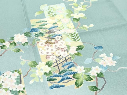 平和屋着物●極上　本加賀友禅作家　南克治　訪問着　短冊風景花文　暈し染め　錆青磁色地　証紙付き　逸品　CZAA5104s6