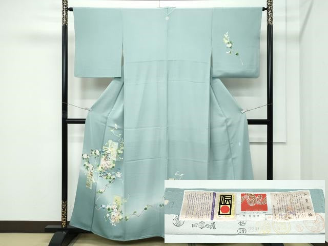 平和屋着物●極上　本加賀友禅作家　南克治　訪問着　短冊風景花文　暈し染め　錆青磁色地　証紙付き　逸品　CZAA5104s6