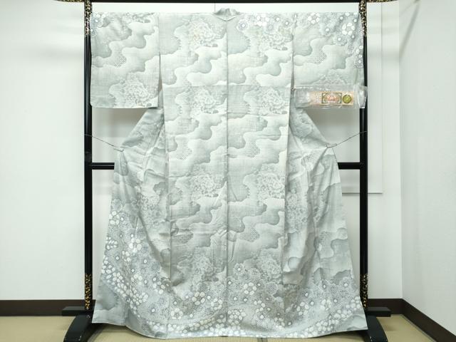 平和屋本店●極上　訪問着　本場大島紬地　白大島　９マルキ　絞り　草花文　夢織工房謹製　証紙付き　逸品　未使用　CZAA5105s6