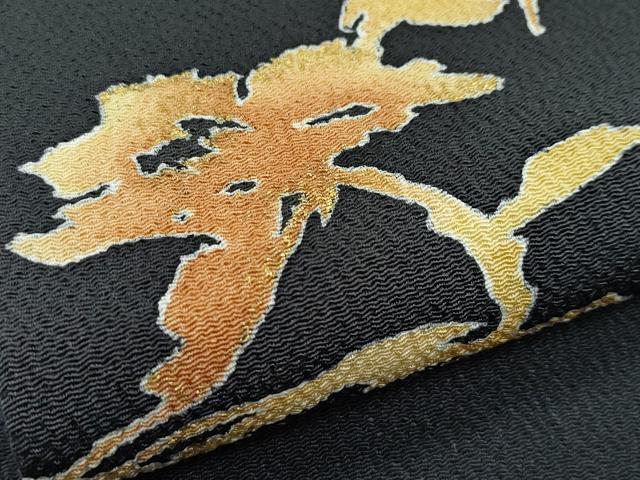 平和屋着物●極上　名門・上野家　上野街子　清染居　太鼓柄袋帯　枝花文　黒地　金彩　鬼しぼ縮緬　逸品　CZAA5118s6