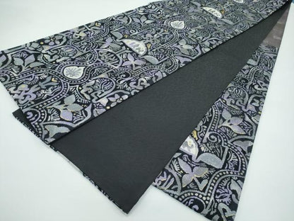 平和屋着物●極上　六通柄袋帯　吉祥草花文　モール　黒地　金糸　逸品　未使用　CZAA5123s6